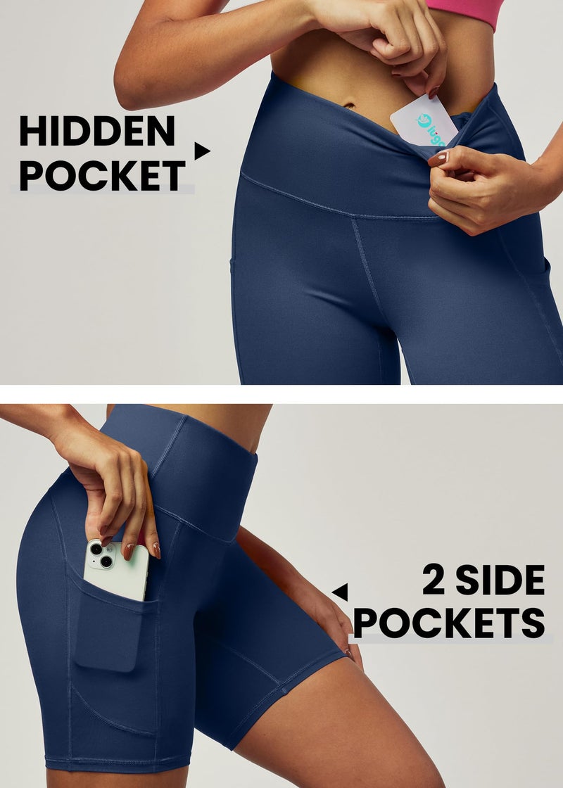 IUGA Biker Shorts Women 6" Tummy Control Workout Shorts Women with Pockets High Waisted Yoga Running Gym Spandex Compression Navy Blue - Image 3
